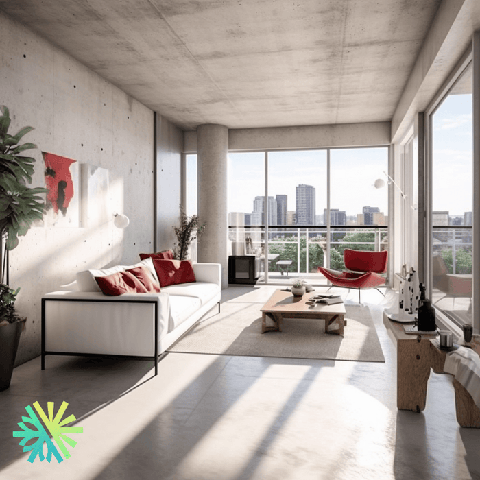 Modern condo living room with a city skyline view