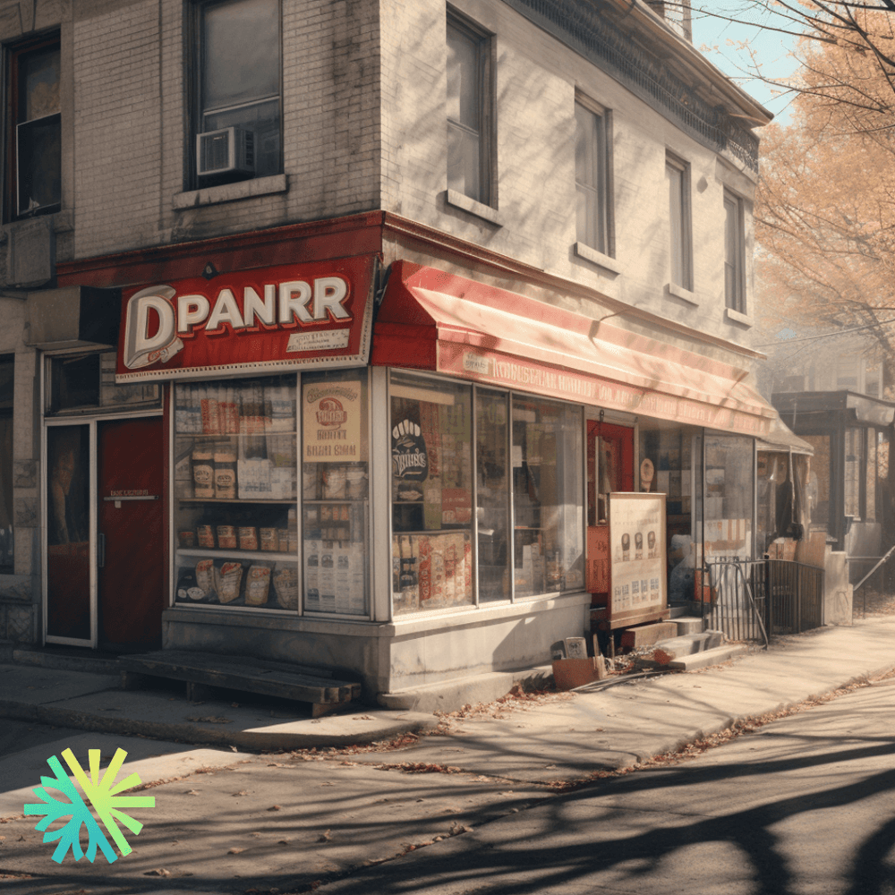 Corner convenience store with a red awning and front windows