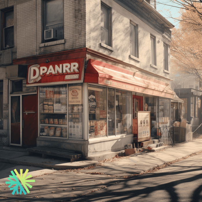 Corner convenience store with a red awning and front windows