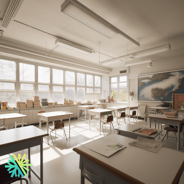 Sunlit classroom with desks and large windows