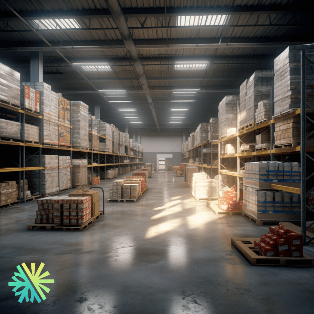 Warehouse interior with stocked shelving and skylights