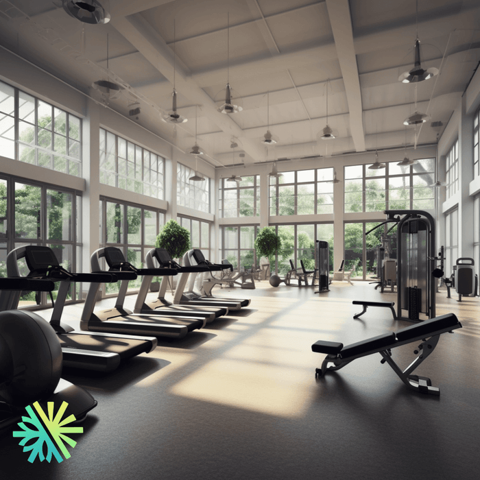 Fitness studio with treadmills and large windows