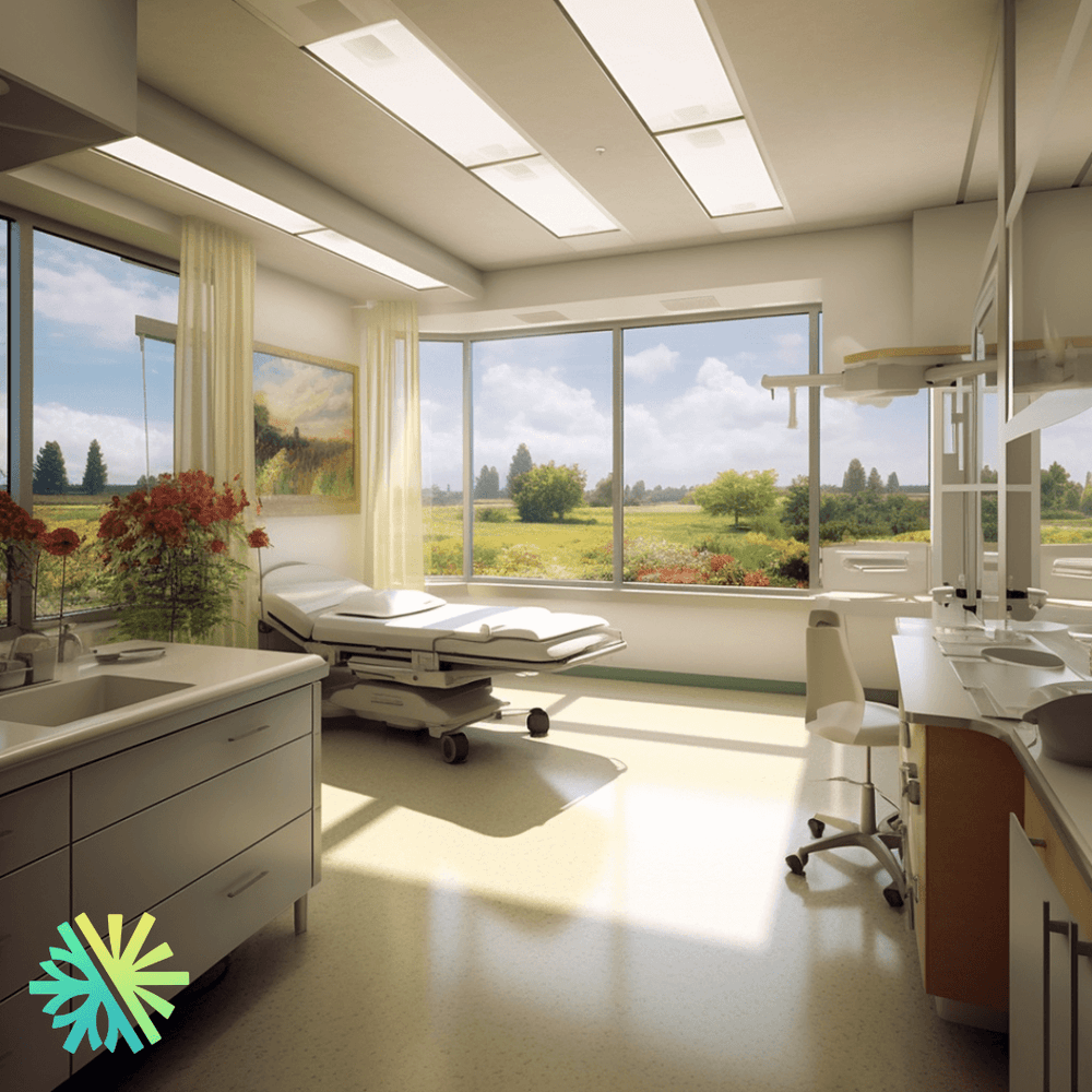 Bright hospital room with a bed and large windows