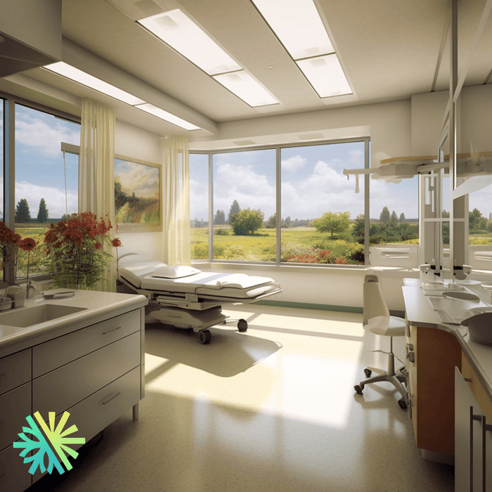 Bright hospital room with a bed and large windows