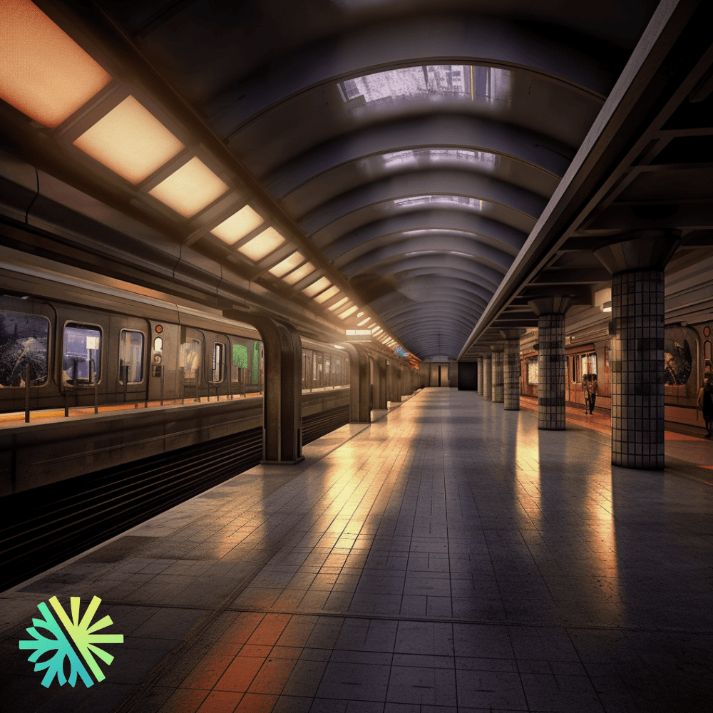 Modern underground station with a platform and a waiting train