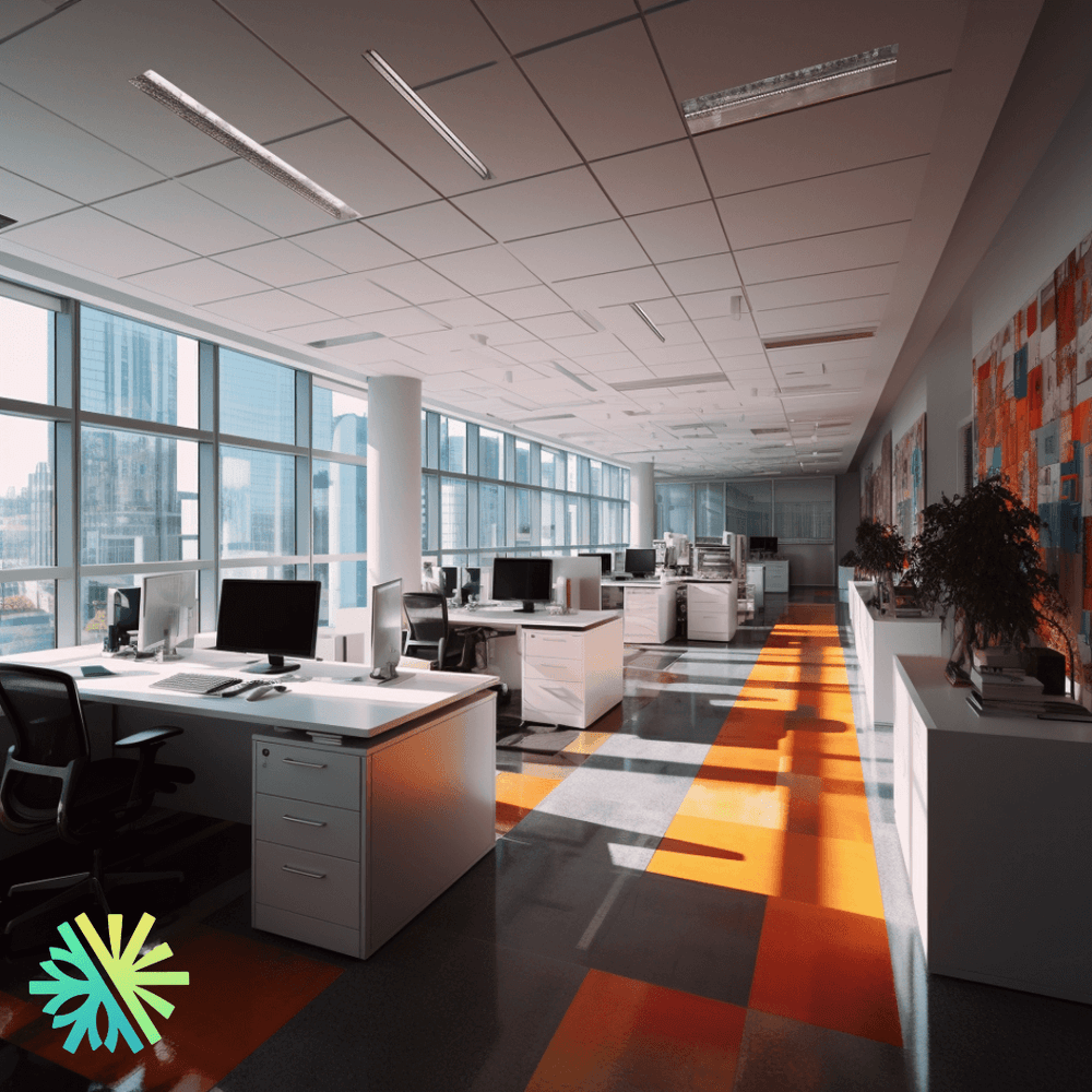 Open-plan office with large windows and rows of desks