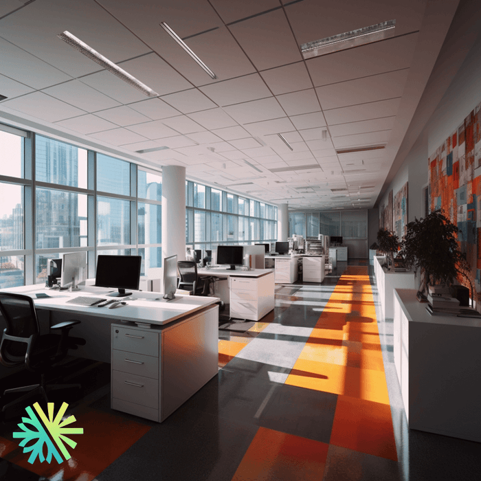 Open-plan office with large windows and rows of desks