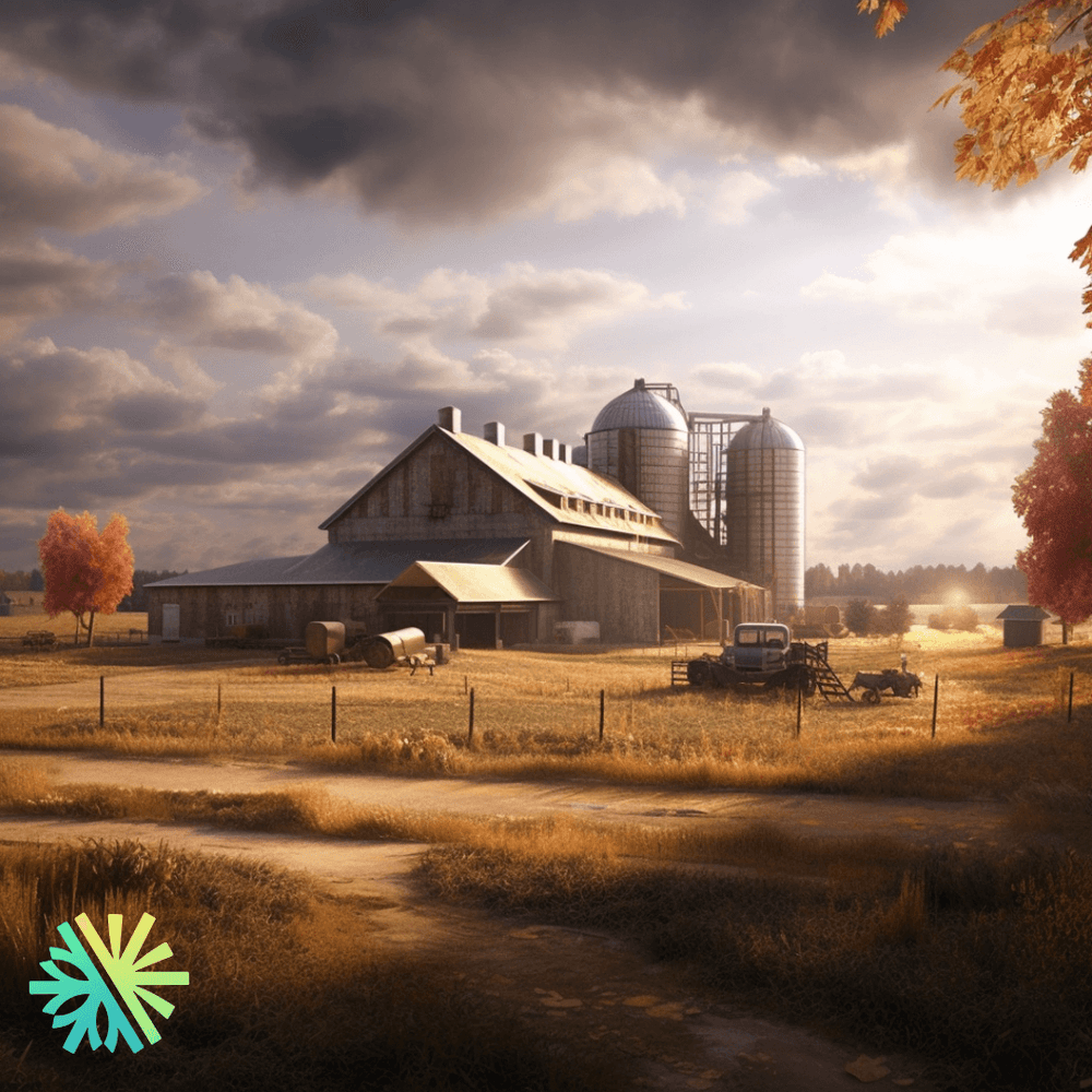 Farm with a barn and silos under an autumn sky