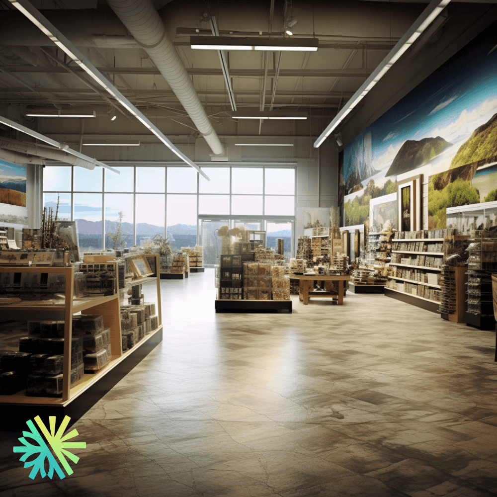 Modern shop with large windows and products on shelves