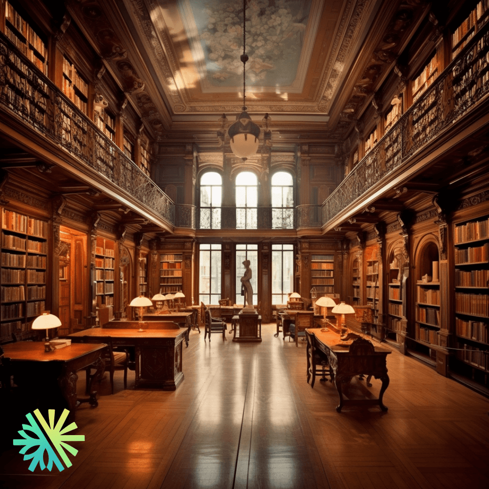 Historic library with wooden shelves and arched windows