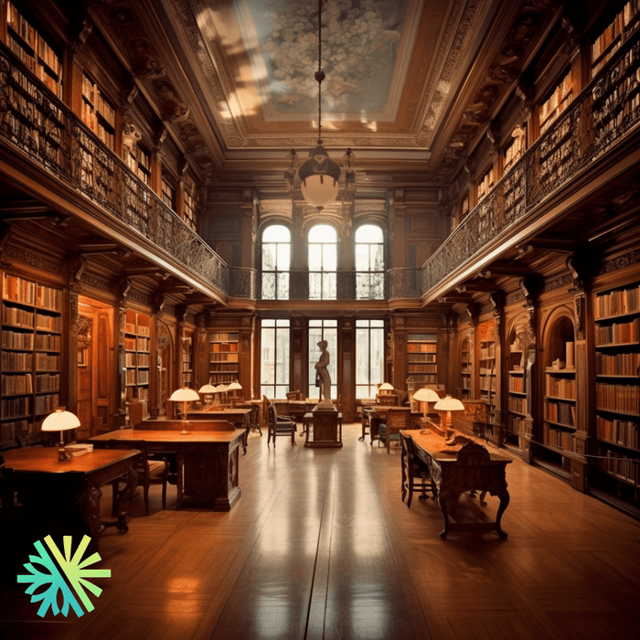 Historic library with wooden shelves and arched windows