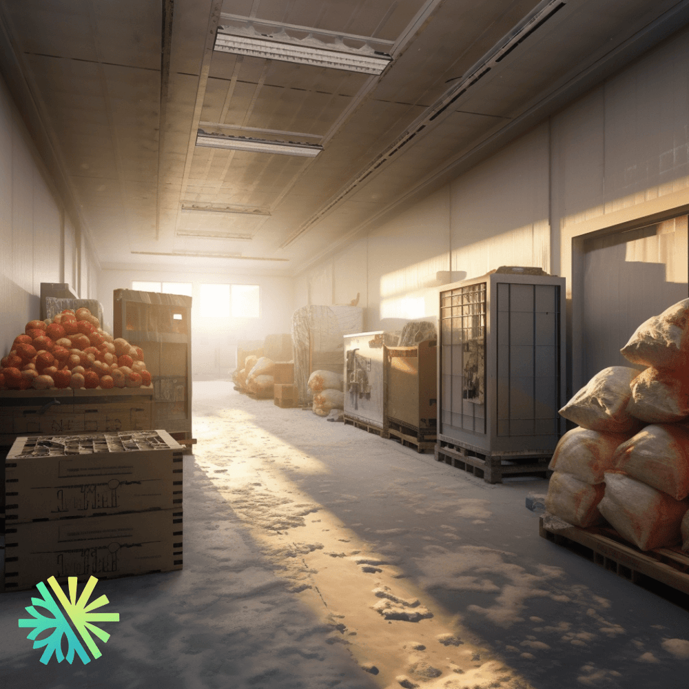 Storage room with crates of apples and bags on pallets