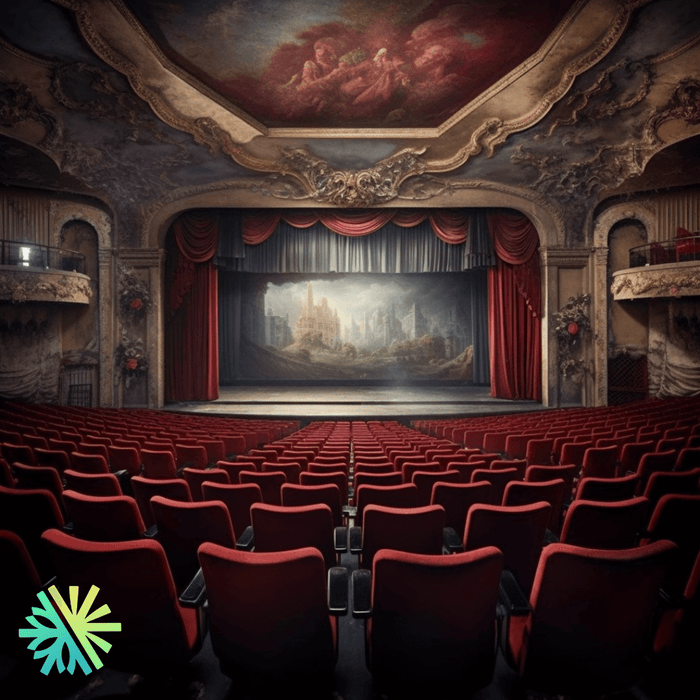Historic theatre with red curtains and rows of seats