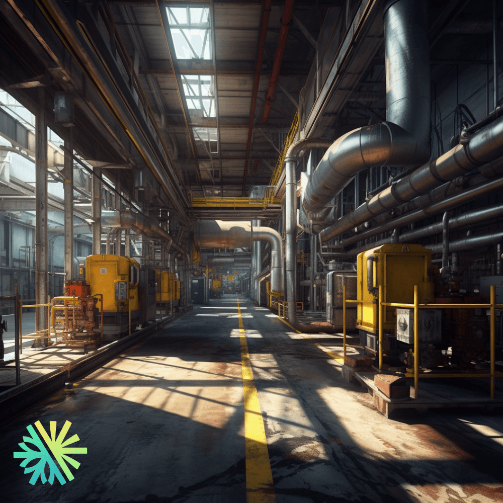 Plant interior with machinery, piping and yellow equipment