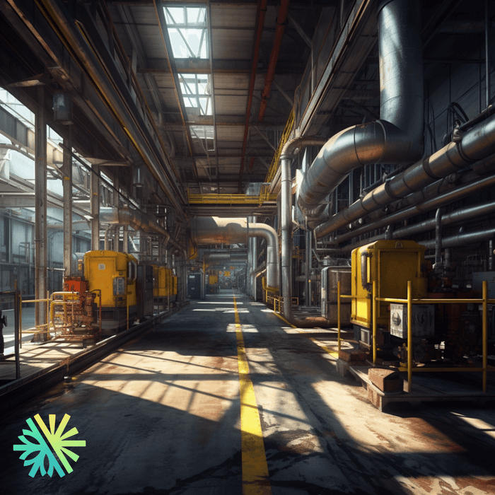 Plant interior with machinery, piping and yellow equipment