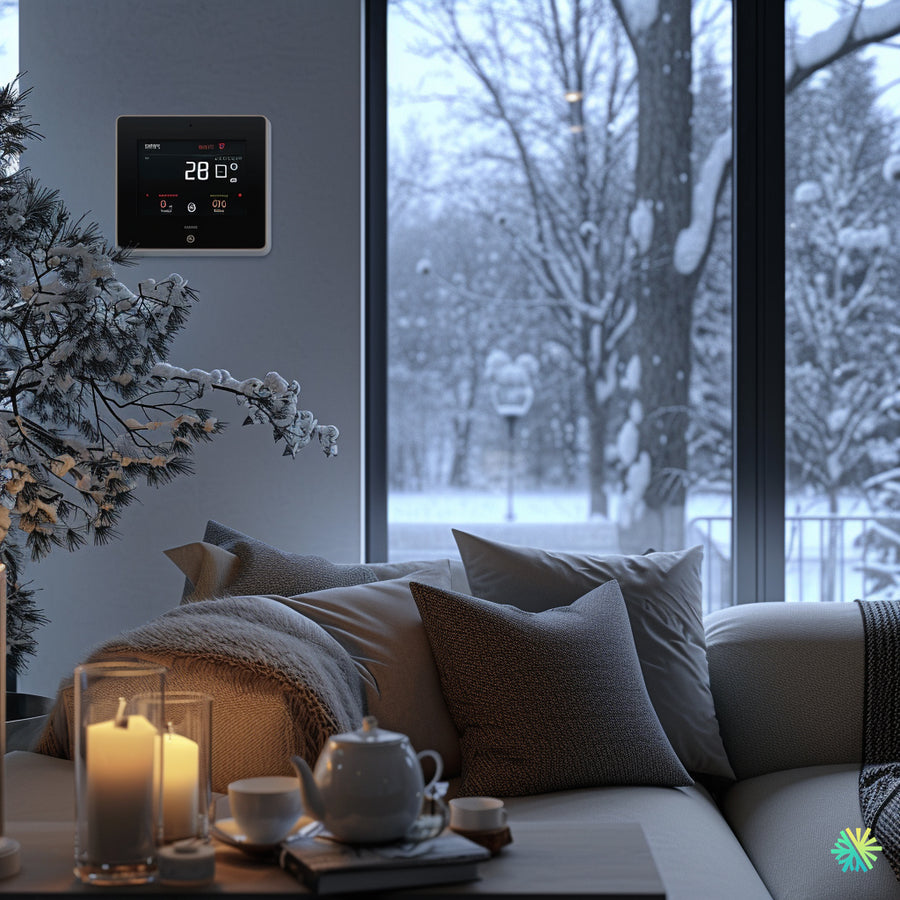 Salon chaleureux avec un thermostat intelligent, une vue enneigée et des chandelles sur la table