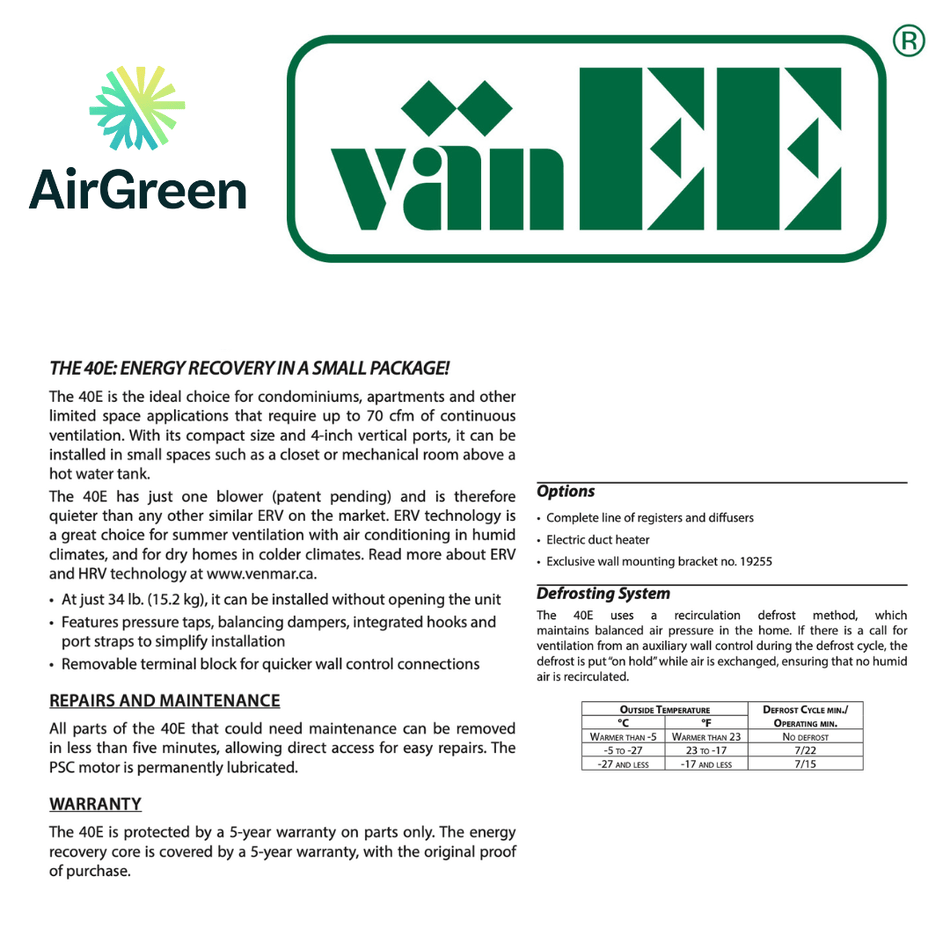 vänEE 40E Bronze Series Air Exchanger | Montreal, Laval, Longueuil, South Shore and North Shore