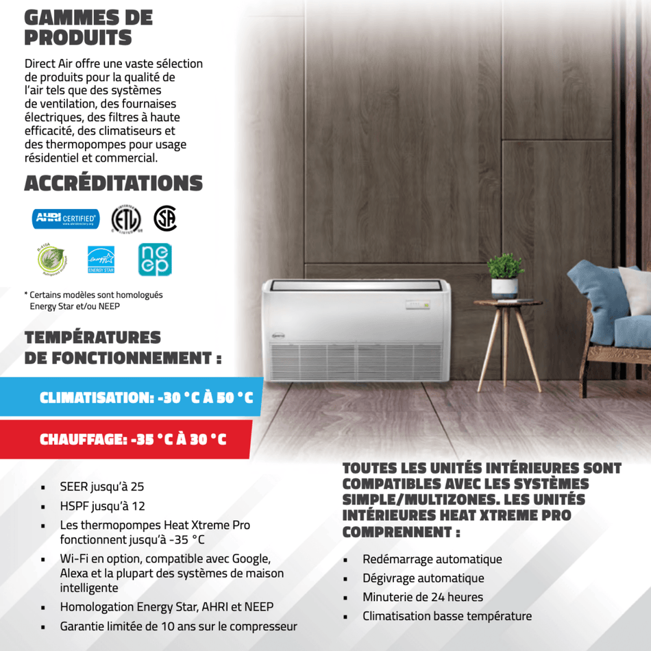 DIRECT AIR : Unité Plancher-Plafond Heat Xtreme Pro (-35 °C) R410a | 18 000 BTU