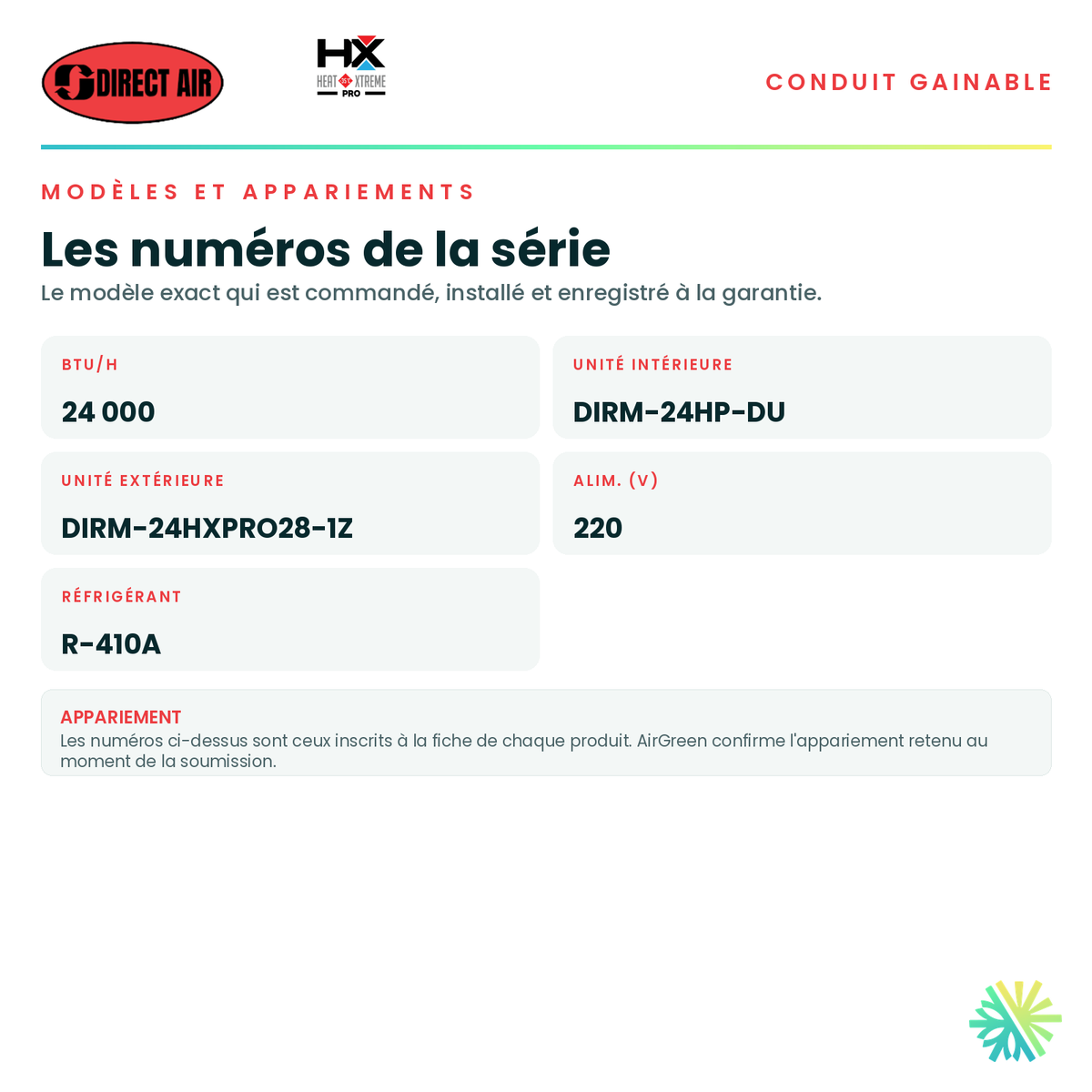 Tableau des modèles de la série — numéros d'unité intérieure et d'unité extérieure appariée pour chaque capacité · Thermopompe Conduits Gainables DIRECT AIR HEAT XTREME PRO 24 000 BTU · AirGreen, Montréal, Laval, Longueuil, Rive-Sud et Rive-Nord