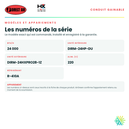 Tableau des modèles de la série — numéros d'unité intérieure et d'unité extérieure appariée pour chaque capacité · Thermopompe Conduits Gainables DIRECT AIR HEAT XTREME PRO 24 000 BTU · AirGreen, Montréal, Laval, Longueuil, Rive-Sud et Rive-Nord