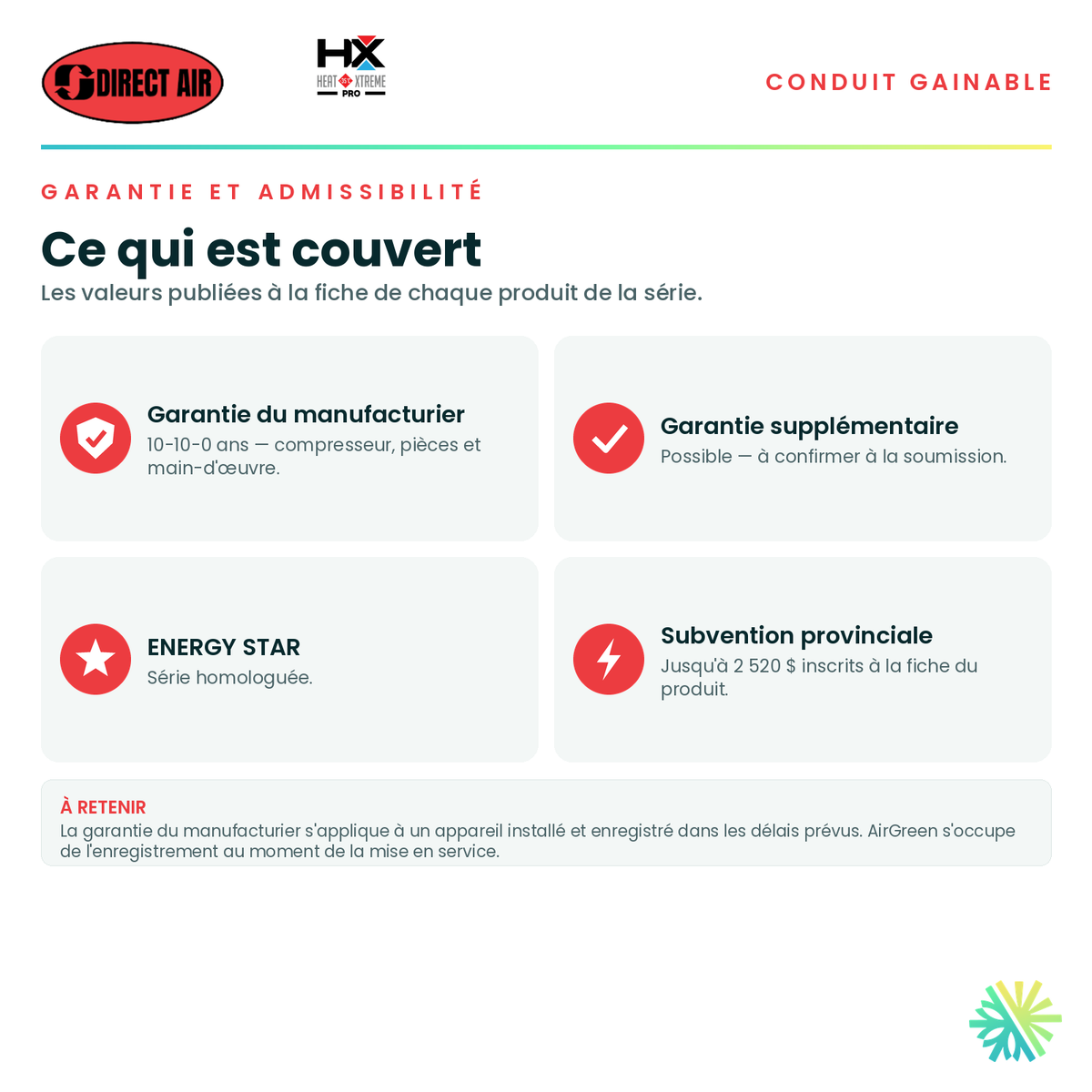 Garantie du manufacturier, garantie supplémentaire, homologation ENERGY STAR et admissibilité de la série · Thermopompe Conduits Gainables DIRECT AIR HEAT XTREME PRO 24 000 BTU · AirGreen, Montréal, Laval, Longueuil, Rive-Sud et Rive-Nord