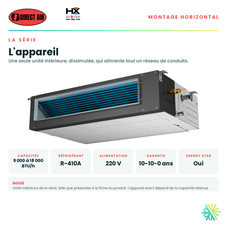 Unité intérieure de la série et ses caractéristiques principales — capacités offertes, réfrigérant, alimentation et garantie · Thermopompe Conduits Gainables (Horizontal) DIRECT AIR HEAT XTREME PRO 18 000 BTU · AirGreen, Montréal, Laval, Longueuil, Rive-Sud et Rive-Nord
