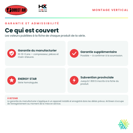 Garantie du manufacturier, garantie supplémentaire, homologation ENERGY STAR et admissibilité de la série · Thermopompe Conduits Gainables (Vertical) DIRECT AIR HEAT XTREME PRO 18 000 BTU · AirGreen, Montréal, Laval, Longueuil, Rive-Sud et Rive-Nord