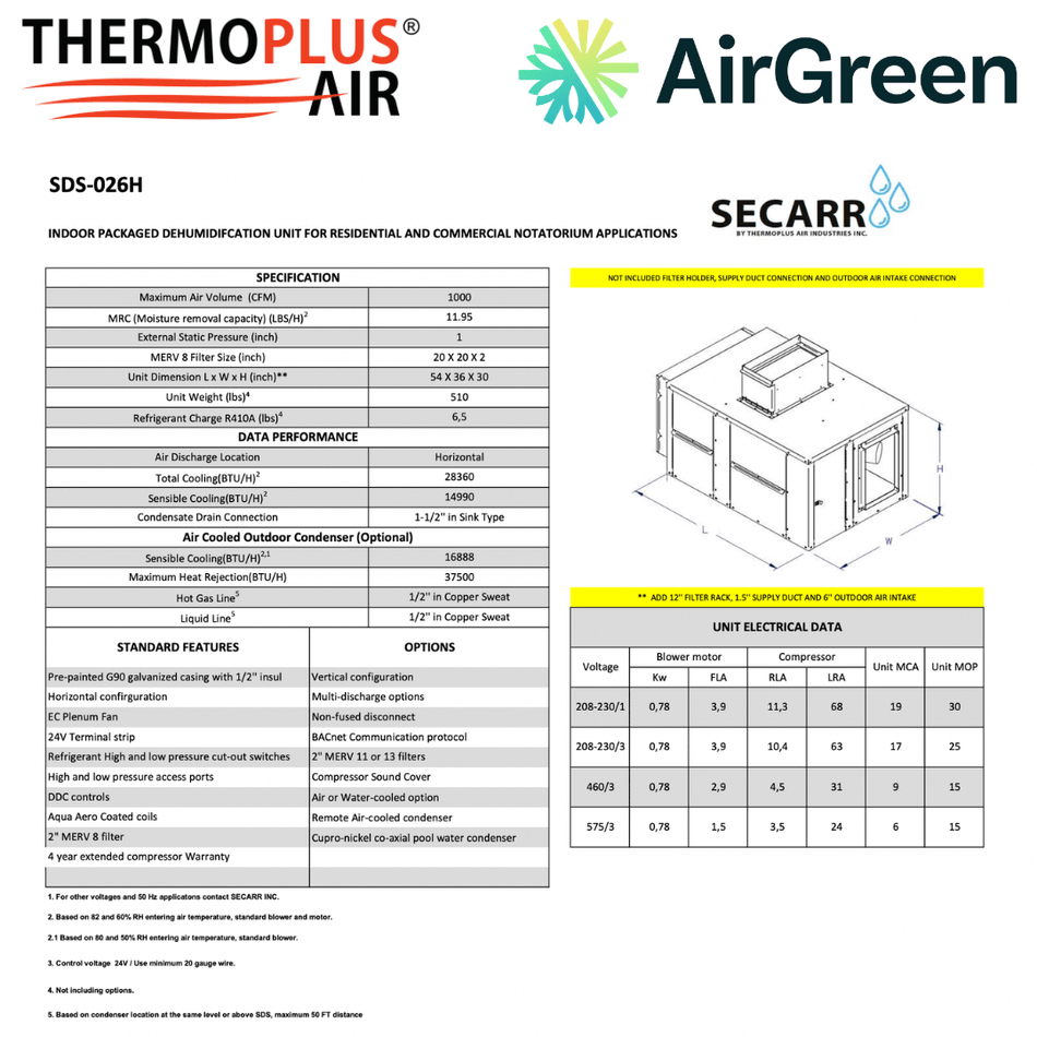 Déshumidificateur Commercial : SECARR SDS SDS-026H de THERMOPLUS AIR spec sheet with relevant information