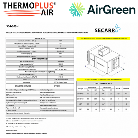 Déshumidificateur Commercial : SECARR SDS SDS-103H de THERMOPLUS AIR spec sheet with relevant information