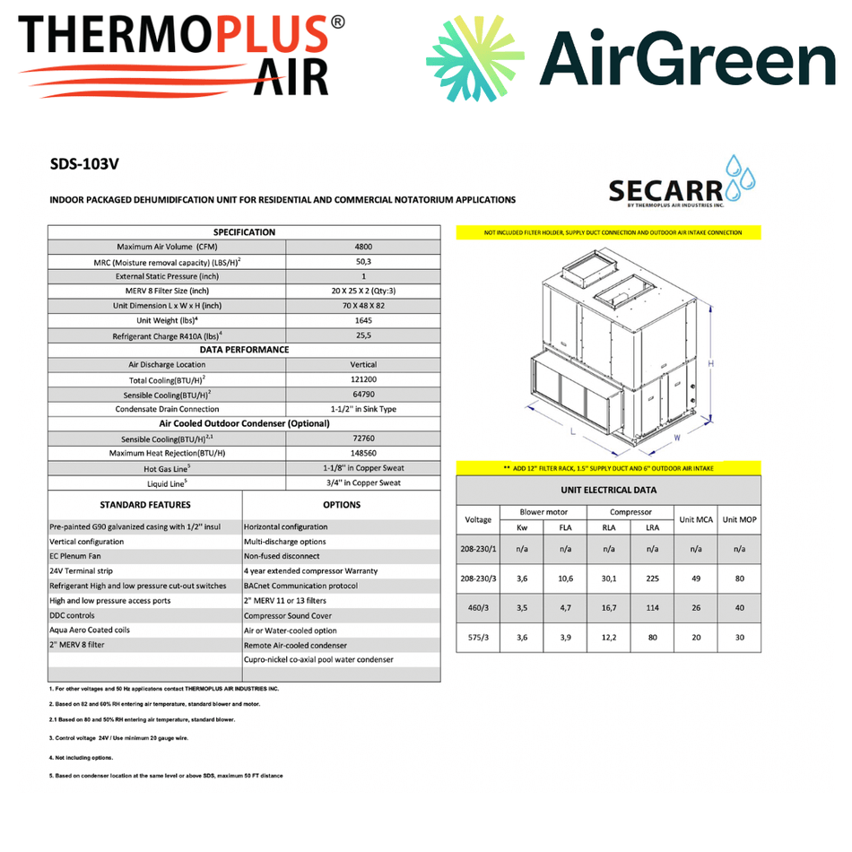 Déshumidificateur Commercial : SECARR SDS SDS-103V de THERMOPLUS AIR spec sheet with relevant information