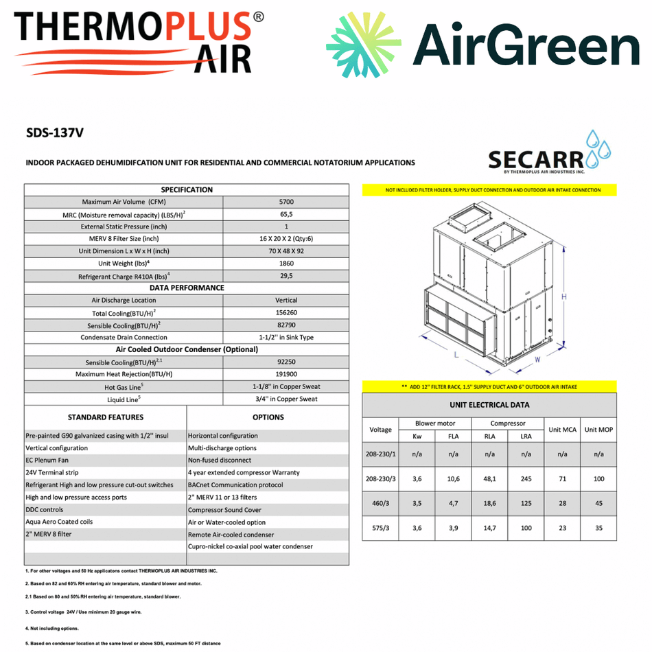 Déshumidificateur Commercial : SECARR SDS SDS-137V de THERMOPLUS AIR spec sheet with relevant information