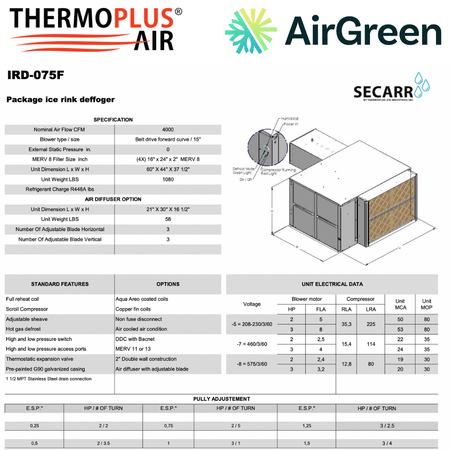 Déshumidificateur (Désembueur pour patinoire) SECARR IRD IRD-075F de THERMOPLUS AIRspec sheet with relevant information