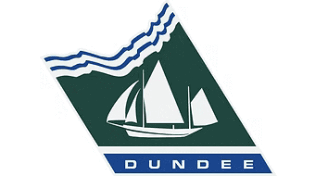 Logo depicting a sailboat and waves with the word 'Dundee' beneath it, highlighting nautical theme and regional identity.