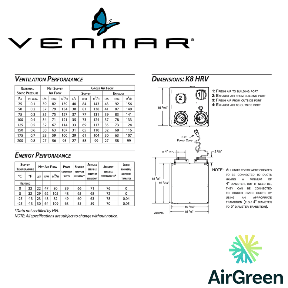 Échangeur d'Air VENMAR AVS® SÉRIE K8 44153 spec sheet with relevant information