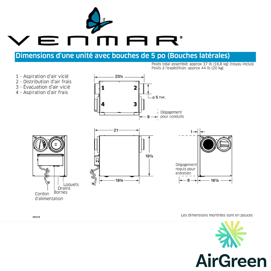 Échangeur d'Air VENMAR AVS® SÉRIE N A130E65RS spec sheet with relevant information