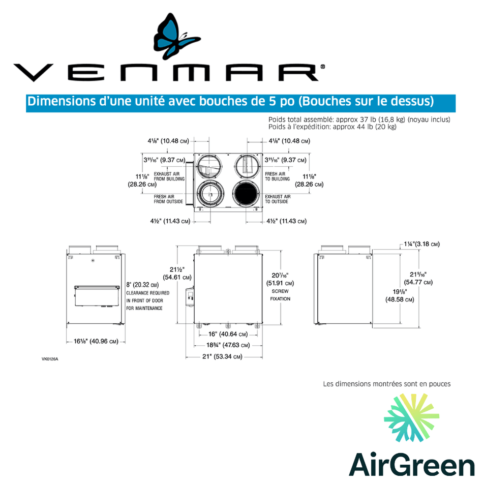 Échangeur d'Air VENMAR AVS® SÉRIE N A130E65RT spec sheet with relevant information