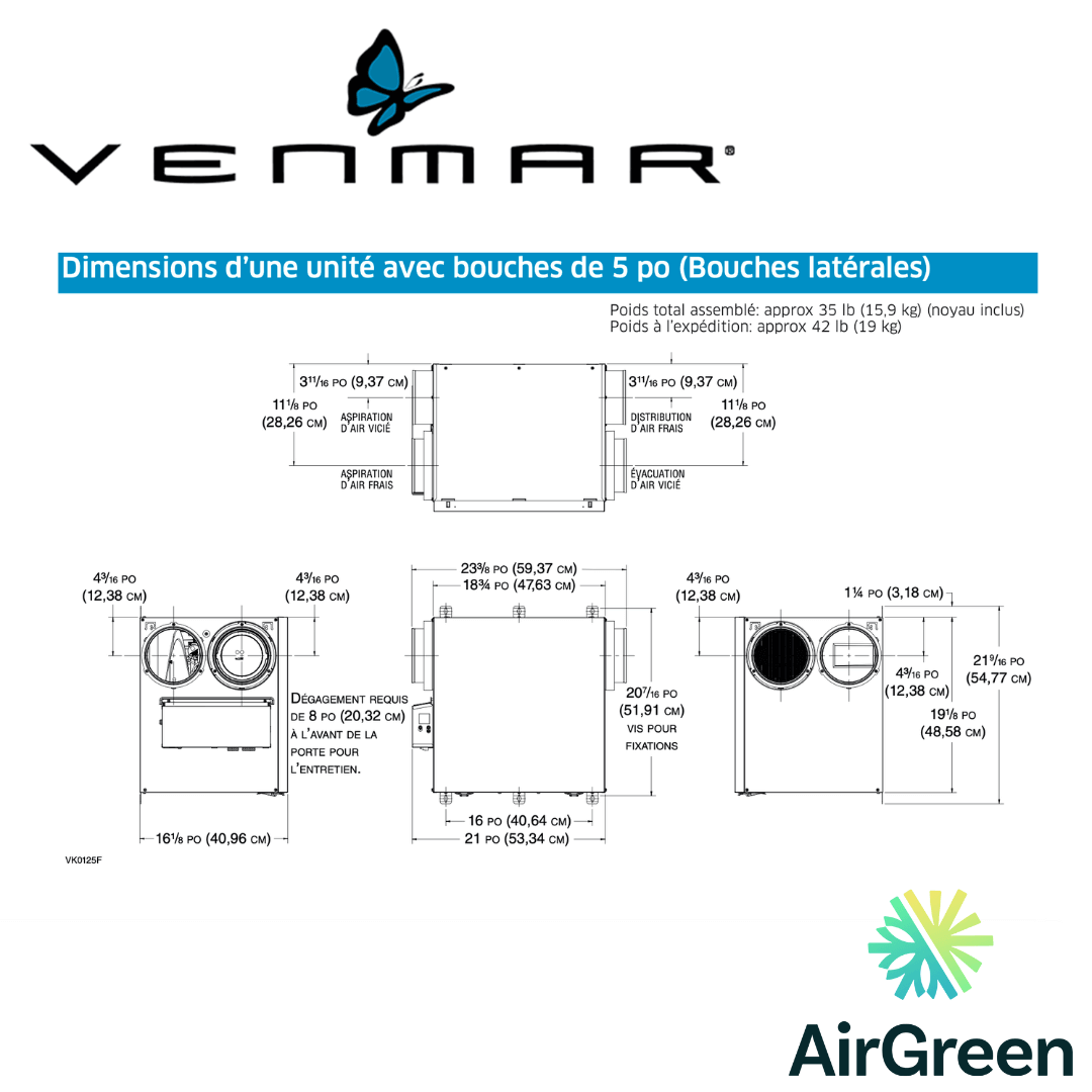  Échangeur d'Air VENMAR AVS® SÉRIE N A130H65RS spec sheet with relevant information