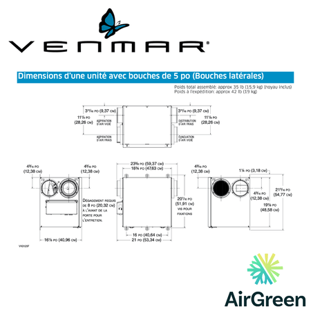 Échangeur d'Air VENMAR AVS® SÉRIE N A150H75NS spec sheet with relevant information