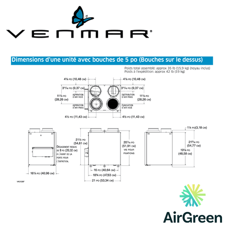 Échangeur d'Air VENMAR AVS® SÉRIE N A150H75NT spec sheet with relevant information
