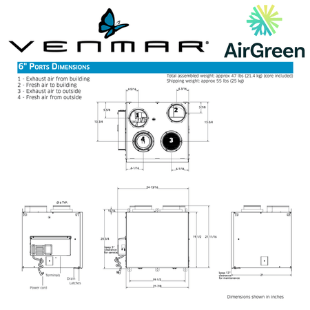 Échangeur d'Air VENMAR AVS® SÉRIE AI2 A180E75RT spec sheet with relevant information
