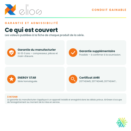 Garantie du manufacturier, garantie supplémentaire, homologation ENERGY STAR et admissibilité de la série · Thermopompe GAINABLE ELIOS 48 000 BTU · AirGreen, Montréal, Laval, Longueuil, Rive-Sud et Rive-Nord