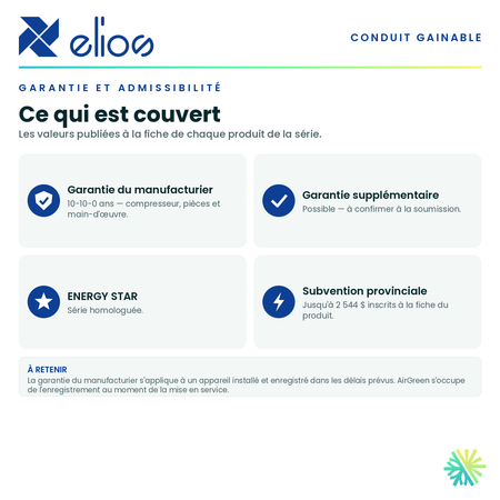 Garantie du manufacturier, garantie supplémentaire, homologation ENERGY STAR et admissibilité de la série · Thermopompe Gainable ELIOS 24 000 BTU · AirGreen, Montréal, Laval, Longueuil, Rive-Sud et Rive-Nord