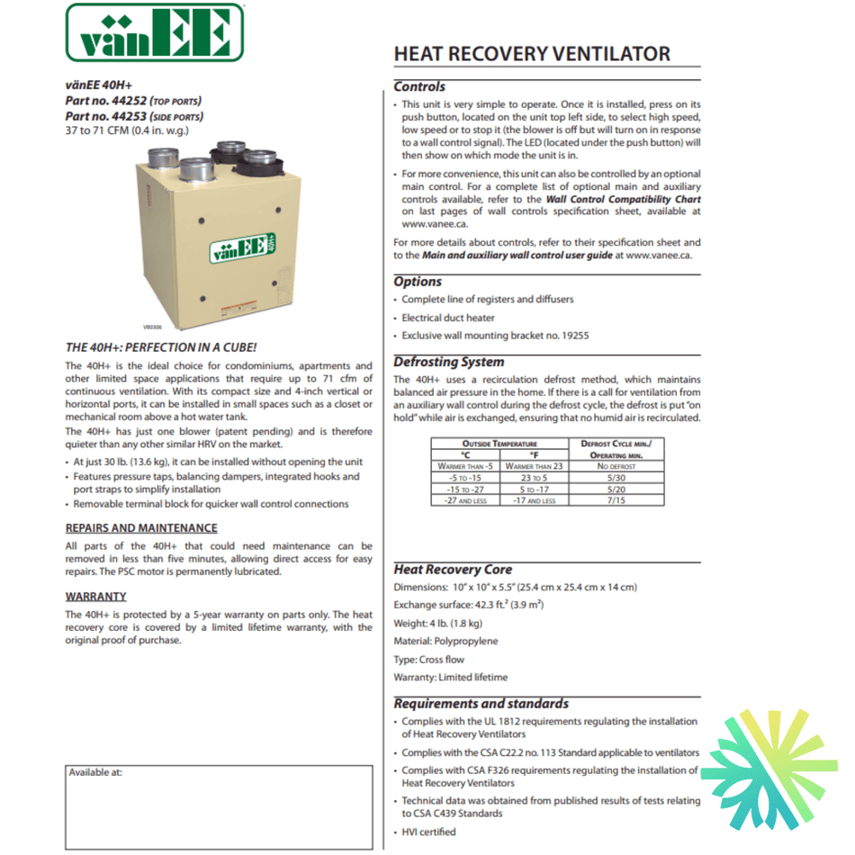 Échangeur d'Air vänEE® Bronze Series™ HRV 44252 | Montréal, Laval, Longueuil, Rive Sud et Rive Nord