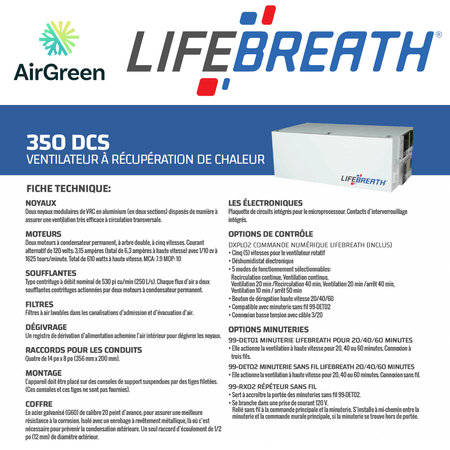 Échangeur d'Air LIFEBREATH 350 DCS spec sheet with relevant information