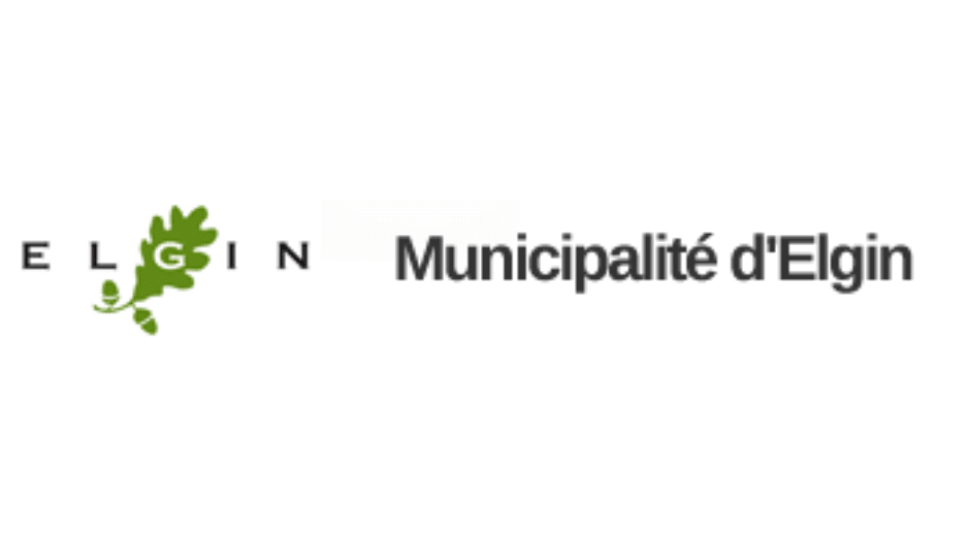 Logo of Municipalité d'Elgin with green leaf symbol and text in English and French.