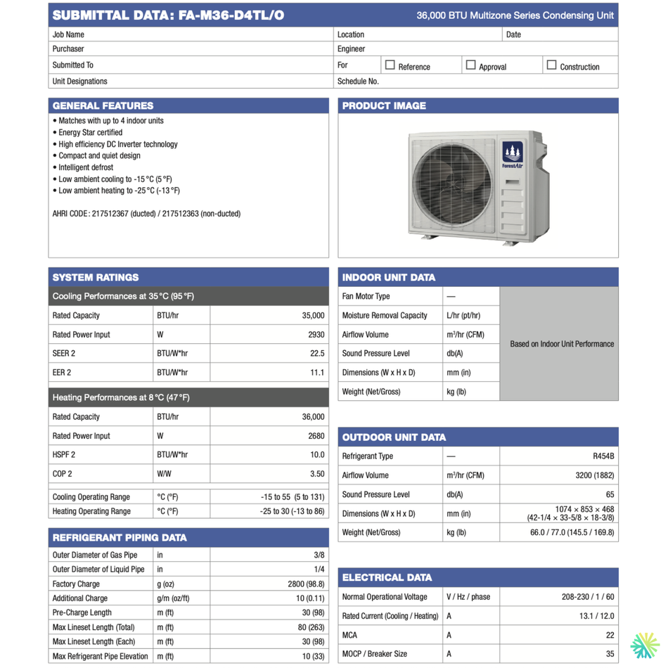 Thermopompe Murale 4-Zones FORESTAIR MZ R454B | Ext: 36000 BTU