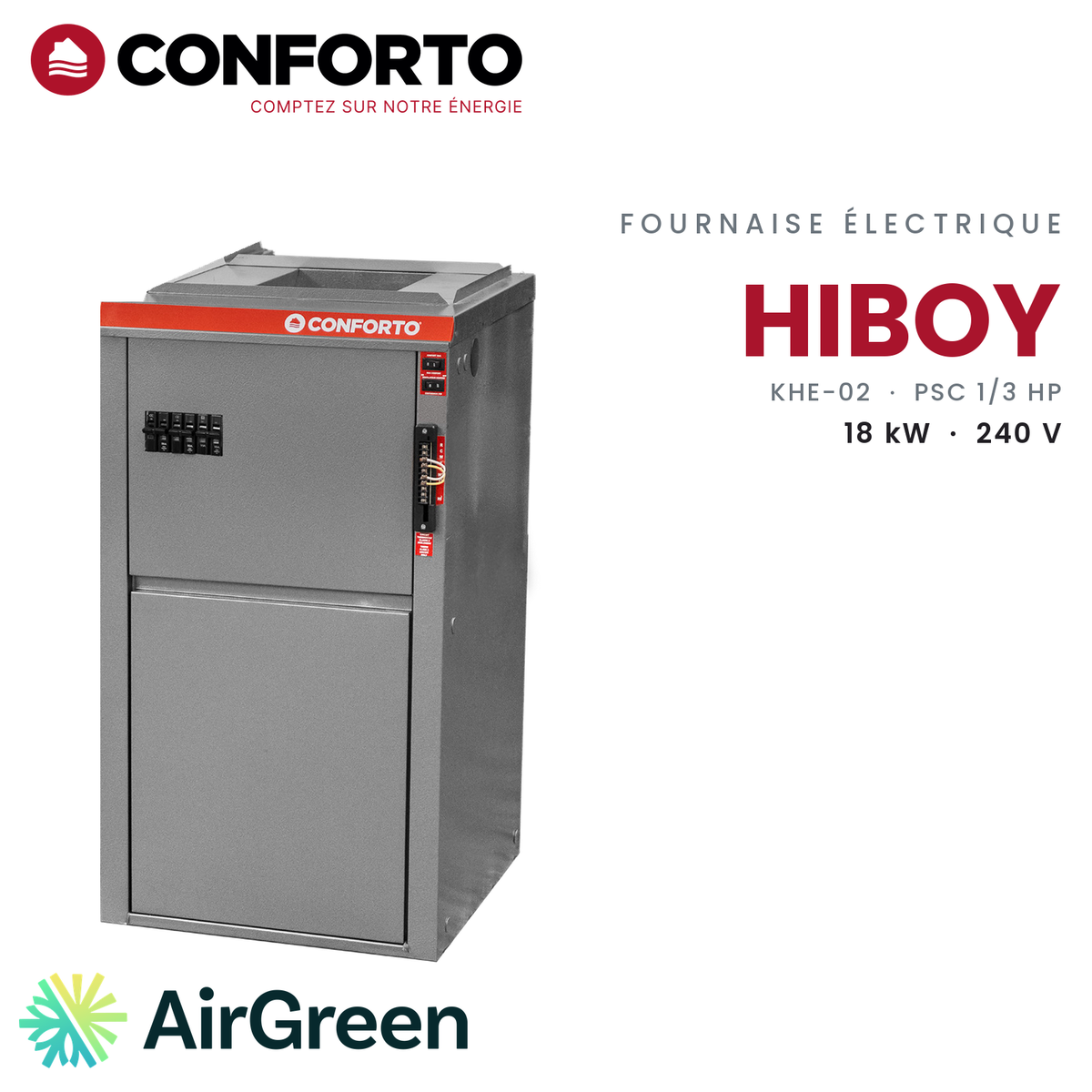 Fournaise électrique Conforto Hiboy KHE-02-G018-03, 18 kW — installation par AirGreen à Montréal, Laval, Longueuil, Rive-Sud et Rive-Nord