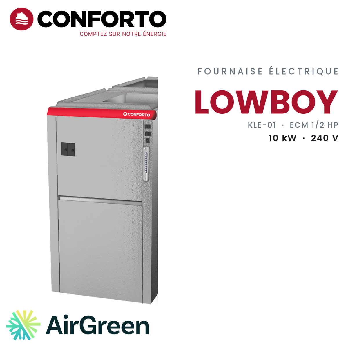 Fournaise électrique Conforto 1re génération KLE-01-G010-H3, 10 kW — installation par AirGreen à Montréal, Laval, Longueuil, Rive-Sud et Rive-Nord