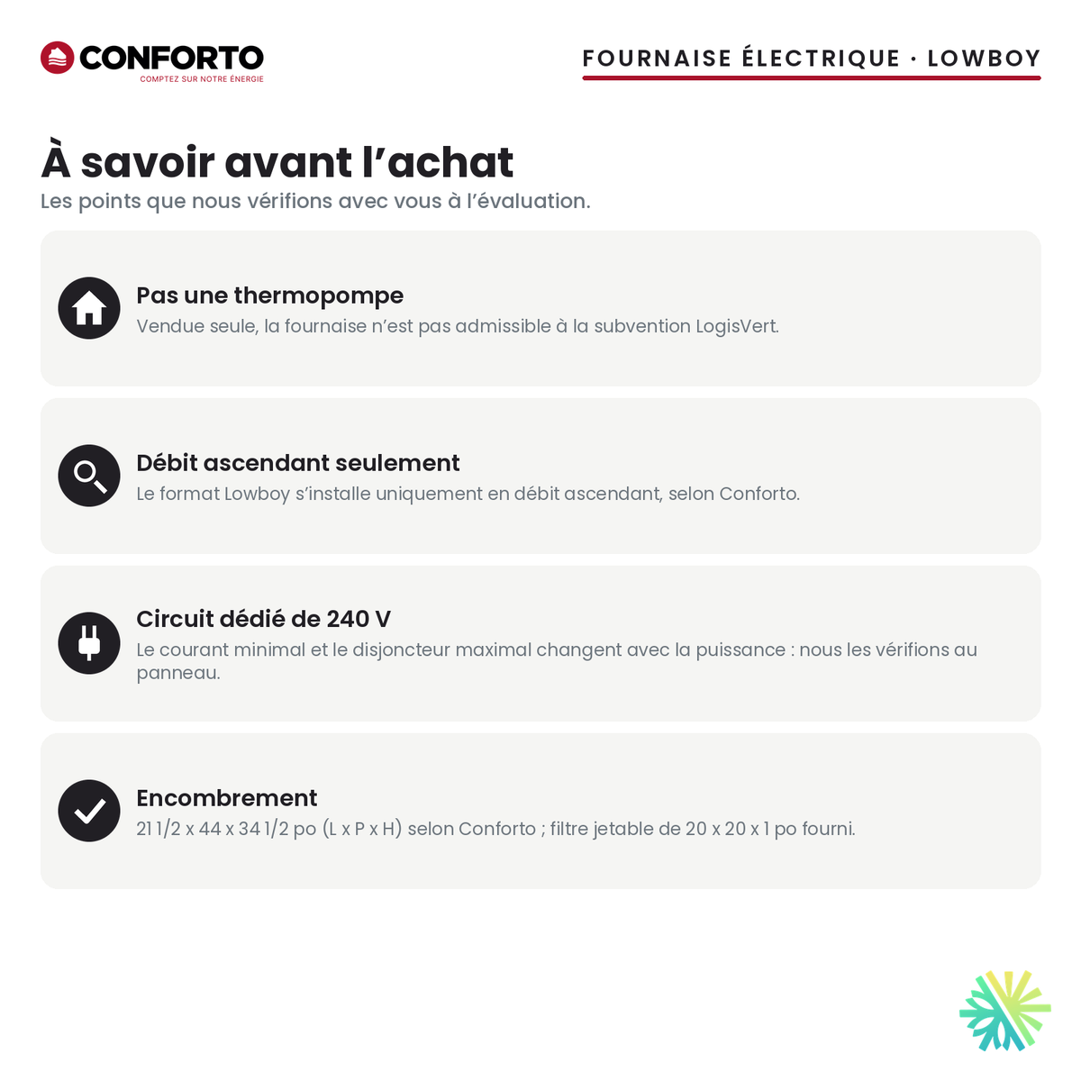 Fournaise électrique Conforto Lowboy — à savoir avant l’achat
