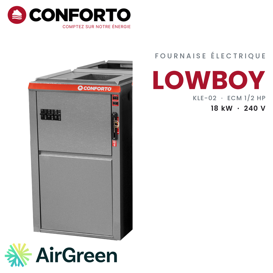 Fournaise électrique Conforto Lowboy KLE-02-G018-H3, 18 kW — installation par AirGreen à Montréal, Laval, Longueuil, Rive-Sud et Rive-Nord